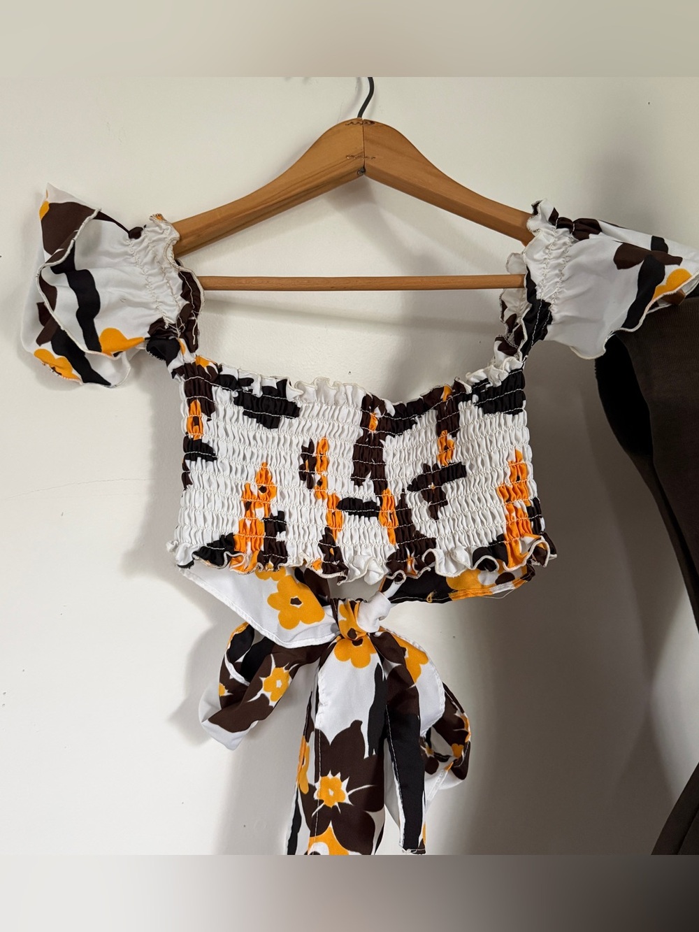 True Vintage 1970s Floral Smocked Off-Shoulder Tiny Crop Reversible Top Boho S - Picture 9 of 11